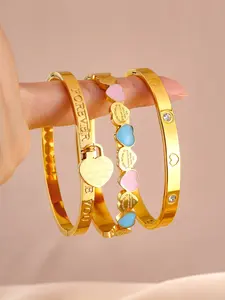 3-Piece Romantic Forever Love Heart Lock Stainless Steel Bangle Set, Cute Party Jewelry, Valentine's Day Gift, All Seasons Women's Accessories, Elegant Bangle, Stainless Steel Bracelets
