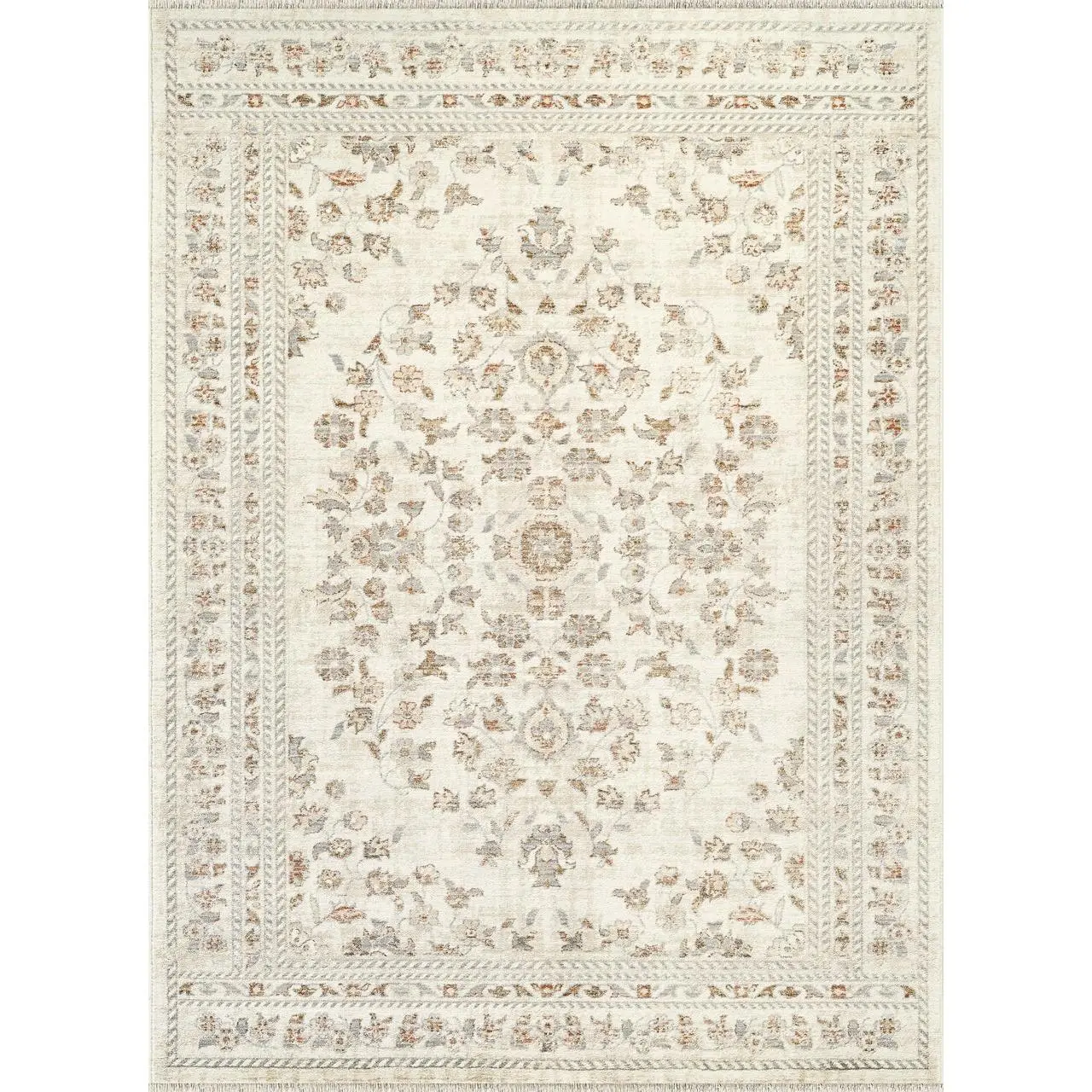 Alara Classic Power-Loomed Polypropylene Indoor Oriental Vintage Floral Area Rug, Washable Beige Traditional Rug for Living Room Decor & Bedrooms