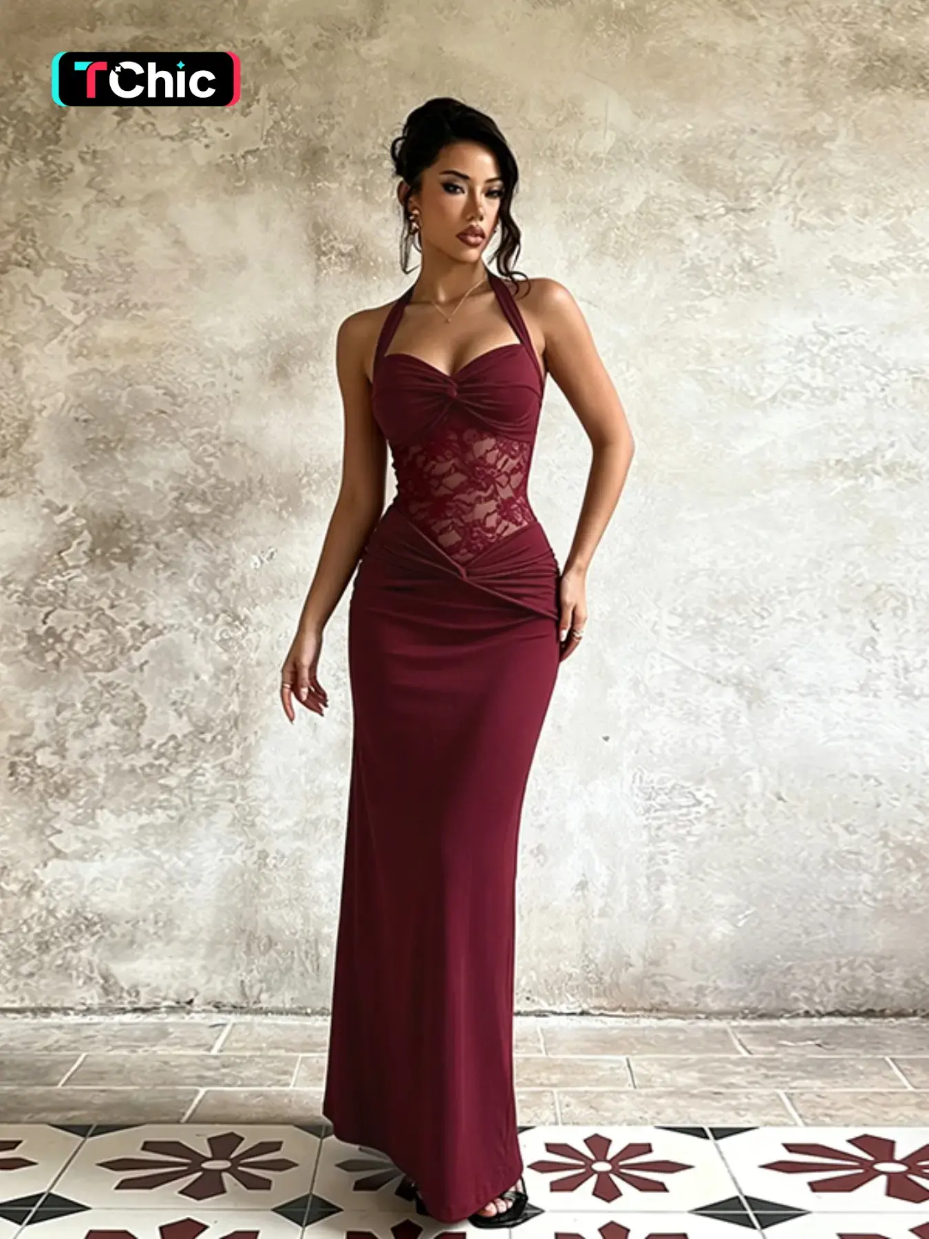 Elegant Halter Neck Lace Dress, Women's Fashionable Ruched Evening Gown, Perfect for Special Occasions, Chic and Timeless Design - TikTok Shop Elegant Halter Neck Lace Dress, Women's Fashionable Ruched Evening Gown, Perfect for Special Occasions, Chic and Timeless Design - TikTok Shop