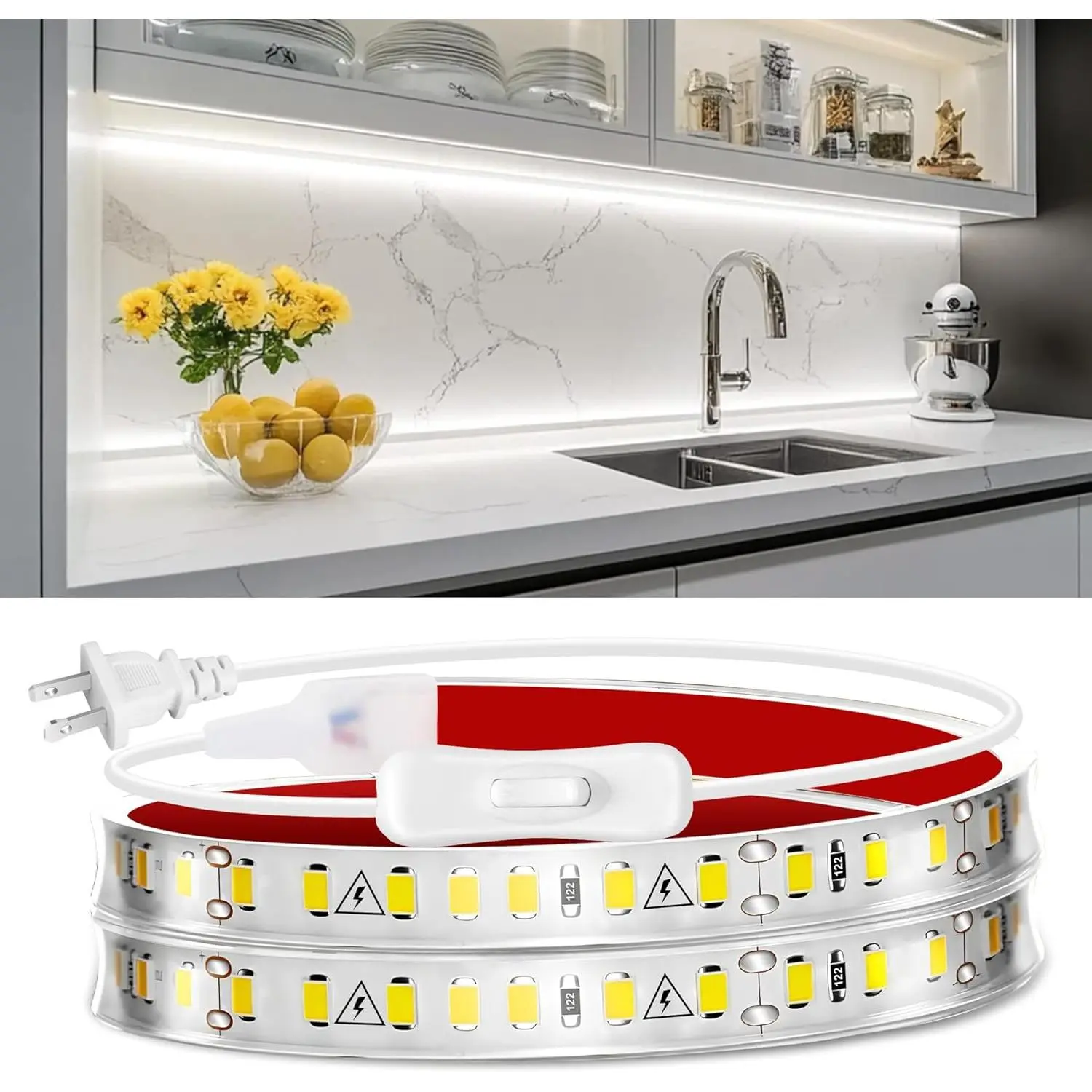 Under Cabinet Strip Lighting Plug in 24in, Ultra Bright Small LED Light Bar, 6000K Cool White, 110V-120V Wired Lights for Kitchen Cabinet, Counter, Workbench, Desk, Closet, Shelf, Indoor