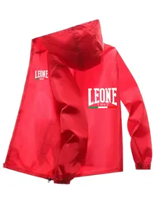 Men's Fashionable Leone Letter Print Jacket, Casual Hooded Design, Zipper Pockets, Polyester Material, Spring & Fall Wear