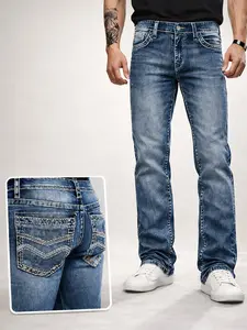 Men's Flex Stretch Denim Jeans - Regular Fit Embroidered Cotton Pants with Pocket,Regular Season Menswear for Work Casual Classic Streetwear & Everyday Long Bootcut Jeans Men Pants summervibes michic fashion Embroidery Outdoor