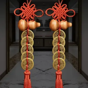 2 Piece Viral Chinese Feng Shui Lucky Gourd & 5 Emperor Coins Hanging – Home Entrance Decor Decoration Items for Wealth & Protection