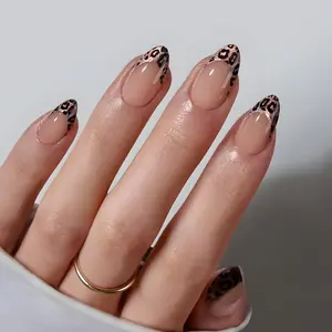 Women's Medium Almond Press-On False Nails, Brown Leopard & Cat Eye Design, Glossy Full-Cover Acrylic Nails for Manicure Decoration