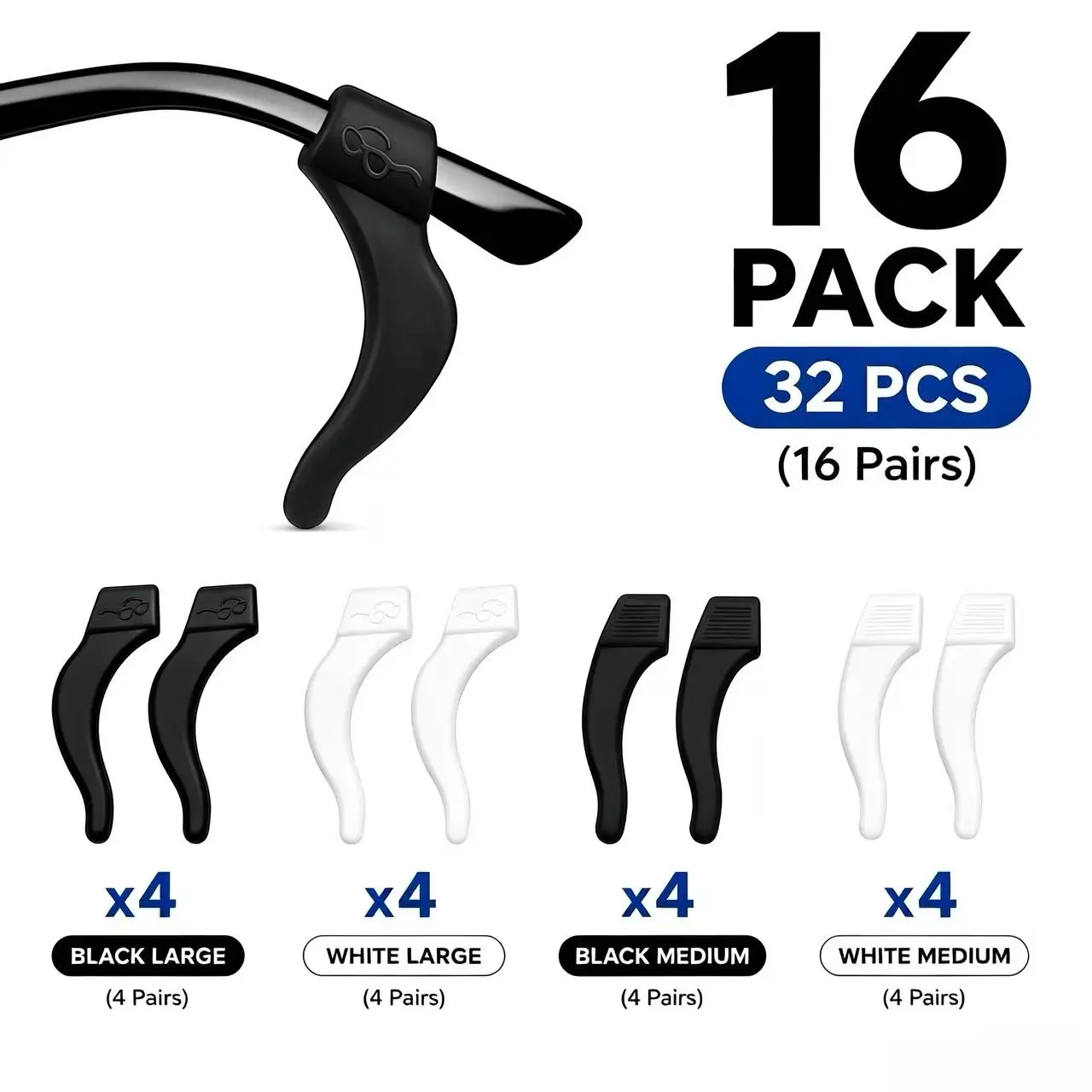 16 Pairs Clear Black Invisible Glasses Ear Grips Comfort Eyeglasses Hooks Behind the Ear Retainer