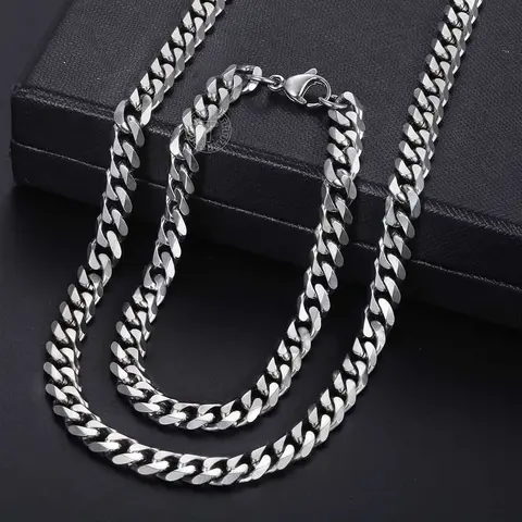 7MM Stainless Steel Curb Cuban Chain Necklace Bracelet Jewelry Set Silver Color Link for Female Male Valentine Gift