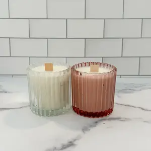 Refillable 100% Soy Candle in Ribbed Jar with Wooden Wick Decorative Jar Single Candle in Clear or Pink Glass candles decor present Decoration Ornaments Freshener