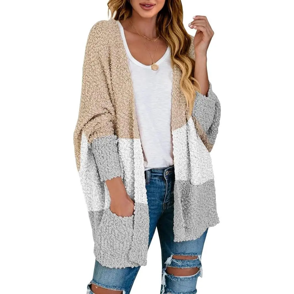 Women's Chunky Popcorn Knit Open-Front Cardigan, Casual Oversized Batwing Long-Sleeve Loose-Fitting Tops