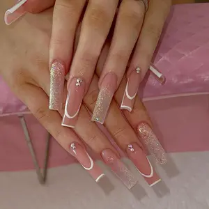 Glitter Rhinestone Decor Fake Nails with Nail File & Tape, 24pcs/set Long Square Press on Nails for DIY Nail Art, Elegant Sparkly Rhinestones Stick on Nails Kit