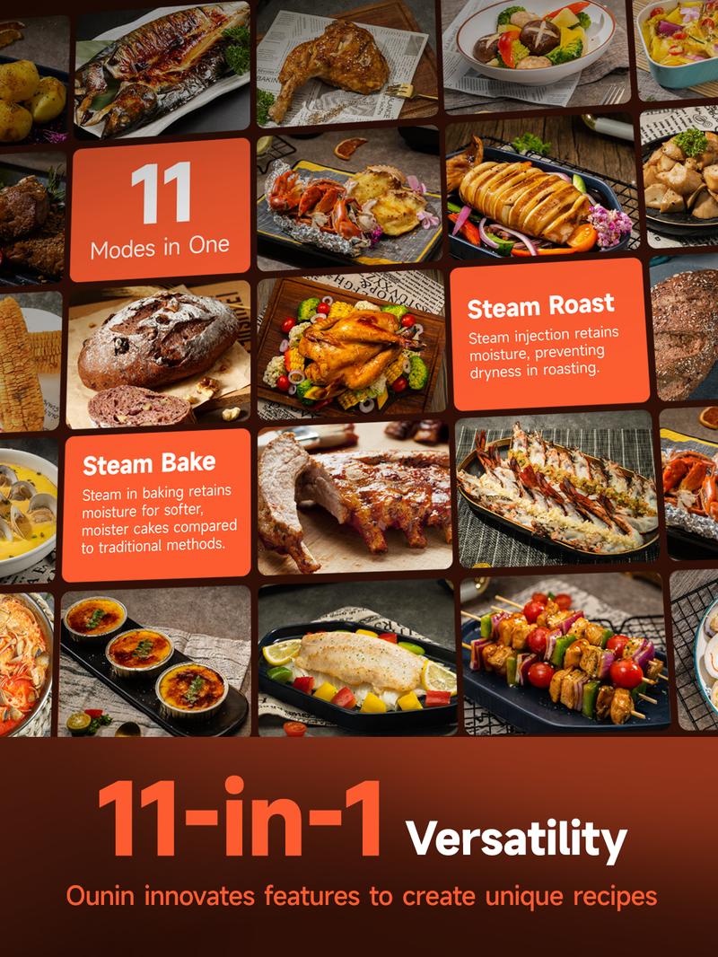 OUNIN Combi Steam Oven Countertop 16QT Capacity 11-in-1 Air Fryer Toaster Oven Combo with Bake, Steam, Roast, Dehydrate, Dual Cook, 90–430°F, Stainless Steel