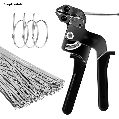 GJANSH Stainless Steel Cable Tie Gun with 100 Pcs 11.8 inch Metal Zip Ties Tool, Heavy Duty Self-locking Cable Tie Gun Kit for Fastening and Cutting Fence Exhaust Pipe Outdoor