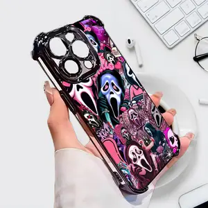 Scream Cartoon Phone Case with Pink Hearts Cute Horror Design for Women Girls Compatible with iPhone 11/12/13/14/15/16 (Pro Max/Plus)