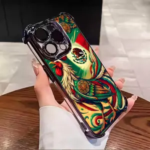 Mexican Flag Rooster Pattern Collage Design Aesthetic Electroplated TPU Casing For iphone 17 16 15 14 13 12 11 X XS PRO PLUS MAX AIR Samsung S25 S24 S23 Four Corners Anti-Fall Transparent Casual Soft Silicone Phone Cases Perfect Gift  L1783