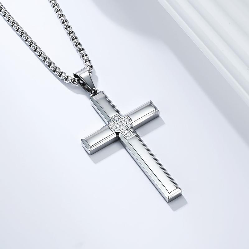 Mens Cross Necklace, Cubic Zirconia Cross Necklace Religious Jewelry for Women Stainless Steel Chain 24 Inch