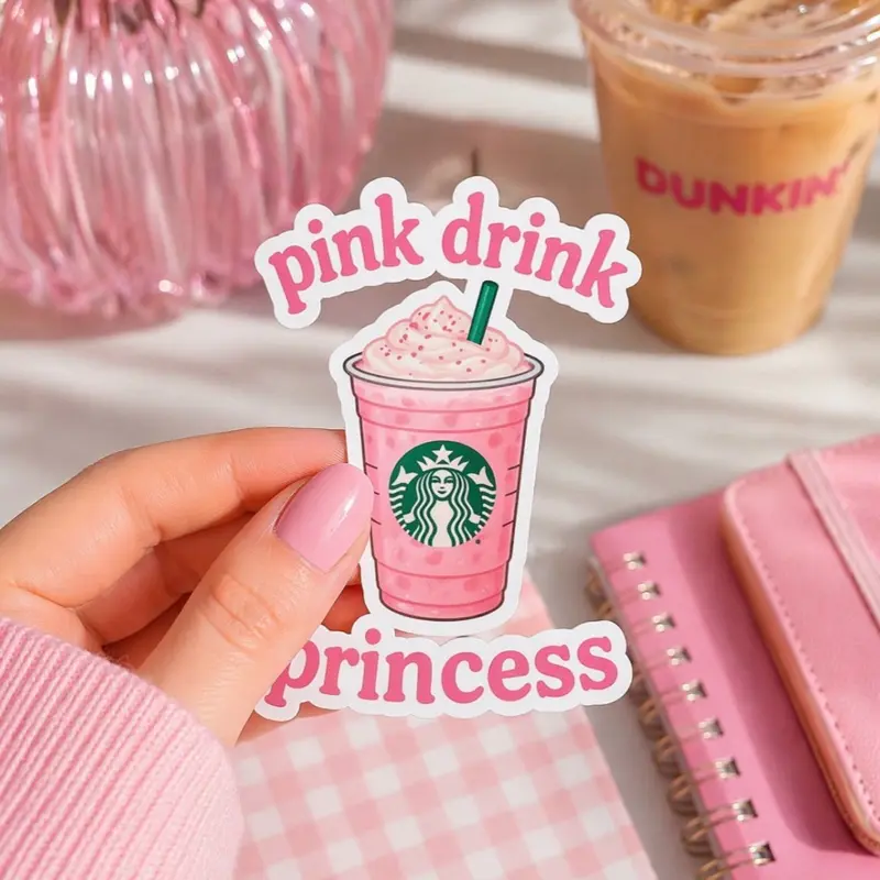 Cute Pink Drink Sticker | ‘Pink Drink Princess’ | Girly Coffee Aesthetic Decal | Soft Girl Vibes