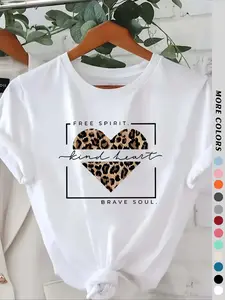 Women's Fitted Short Sleeve Round Neck Graphic Print Top, Casual Summer Fashion Tee, Versatile Heart Pattern Design, Womenswear