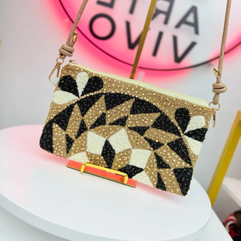 Luxury Handmade Beaded Crystal Crossbody Clutch Bag | Rhinestone Embellished Artisan Pouch Purse | Zipper Shoulder Bag