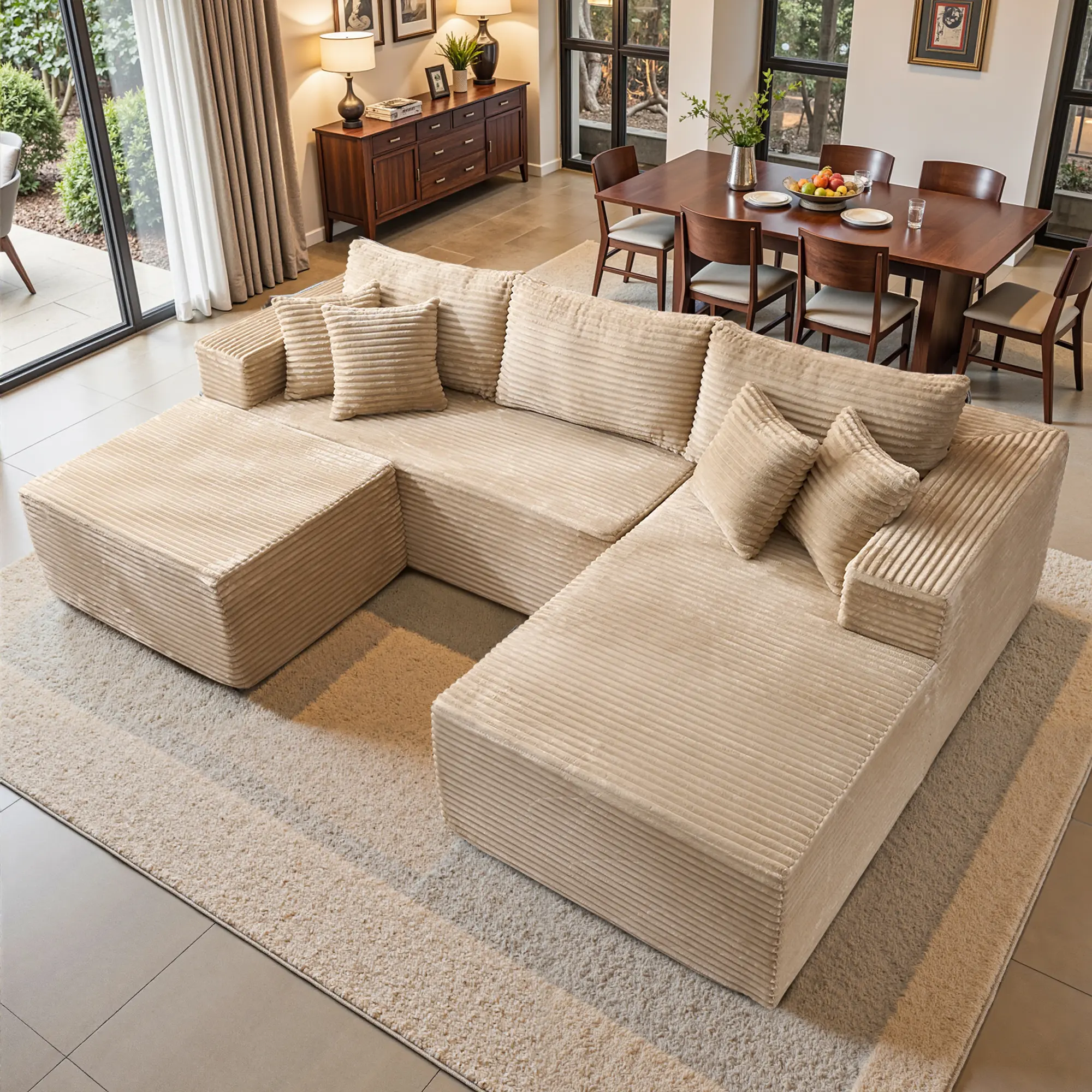106" Beige U-Shaped with Ottoman, Right Chaise