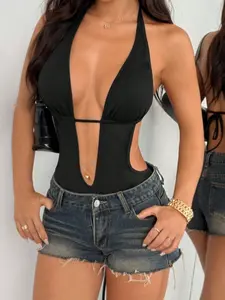 Deep V Backless Halter Tied Bodysuit, Super Stretchy Soft & Comfortable, Sexy Casual For Home