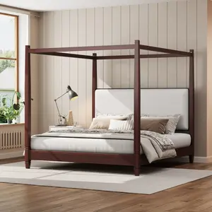 King Size Canopy Bed Frame with Upholstery Headboard, Wood King Platform Bed Frame with Wooden Slat Support Legs, No Box Spring Needed/Easy Assembly, Espresso