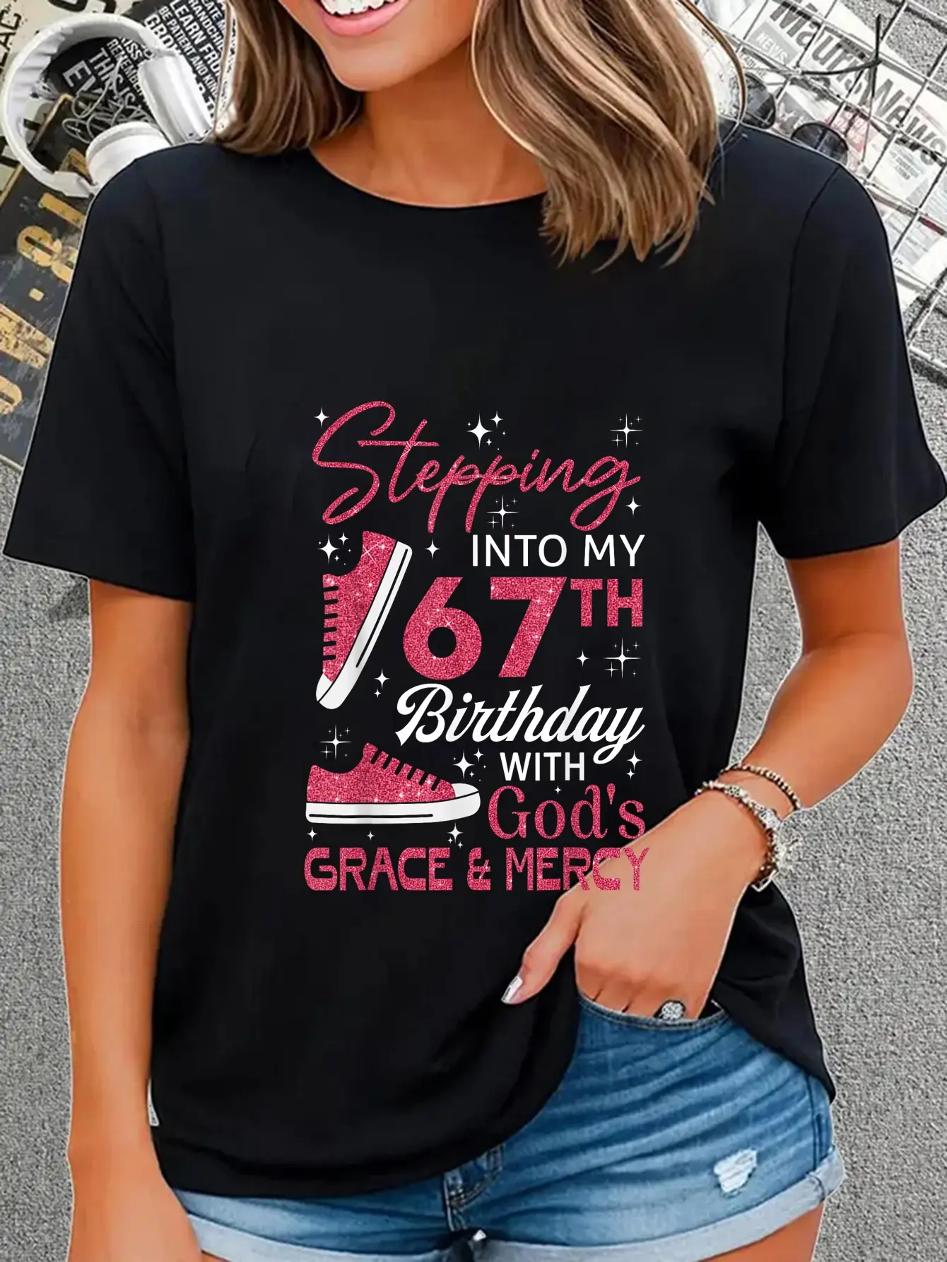 100% Cotton Stepping into my 67th birthday with God's grace & Mercy T-Shirt