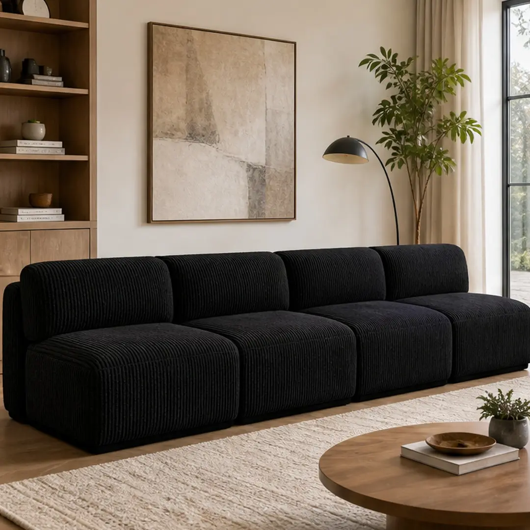 U Shape Modular Sectional Sofa Compressed Corduroy Couch 4 Seat Sleeper Sofa for Living Room Bedroom Modern Minimalist Foam Sofa Black Dark Grey Khaki Multiple Color Options Space-Efficient, Black/DARK GREY/khaki Color Options