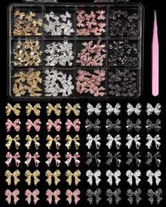 120 Pcs Alloy Bow Nail Charms and Gems, Silver Gold Black Bowknot Metal Nail Art Charms, Shiny Luxury Alloy Bow Nail Charms Set
