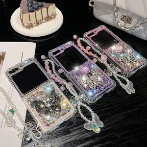 For Samsung Galaxy Z Flip 7 6 5 4 3 5G F7110 F7070 Luxury Crystal Butterfly Flower Diamond Stone Pearl Wrist Phone Case Cover