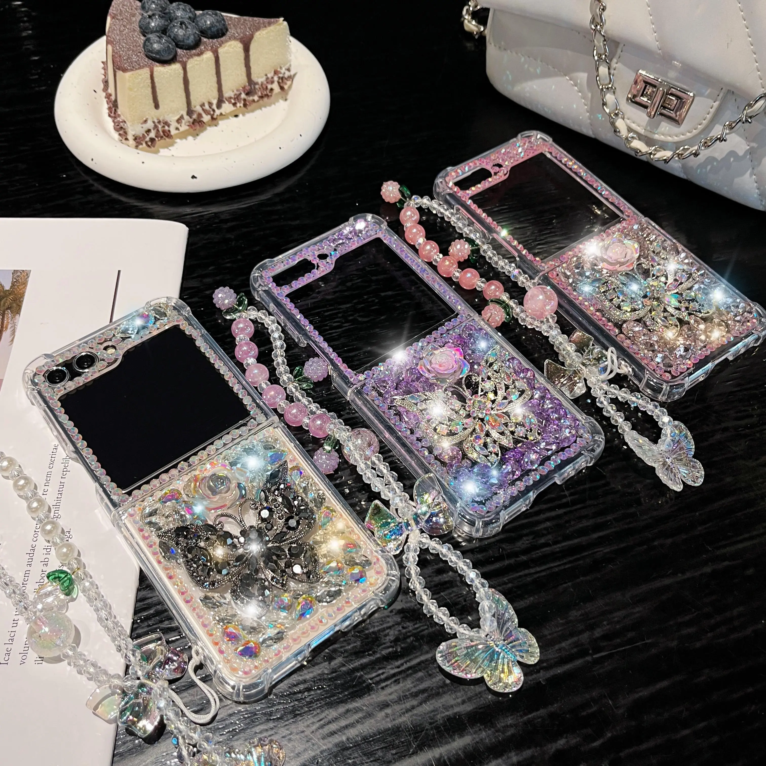For Samsung Galaxy Z Flip 7 6 5 4 3 5G F7110 F7070 Luxury Crystal Butterfly Flower Diamond Stone Pearl Wrist Phone Case Cover