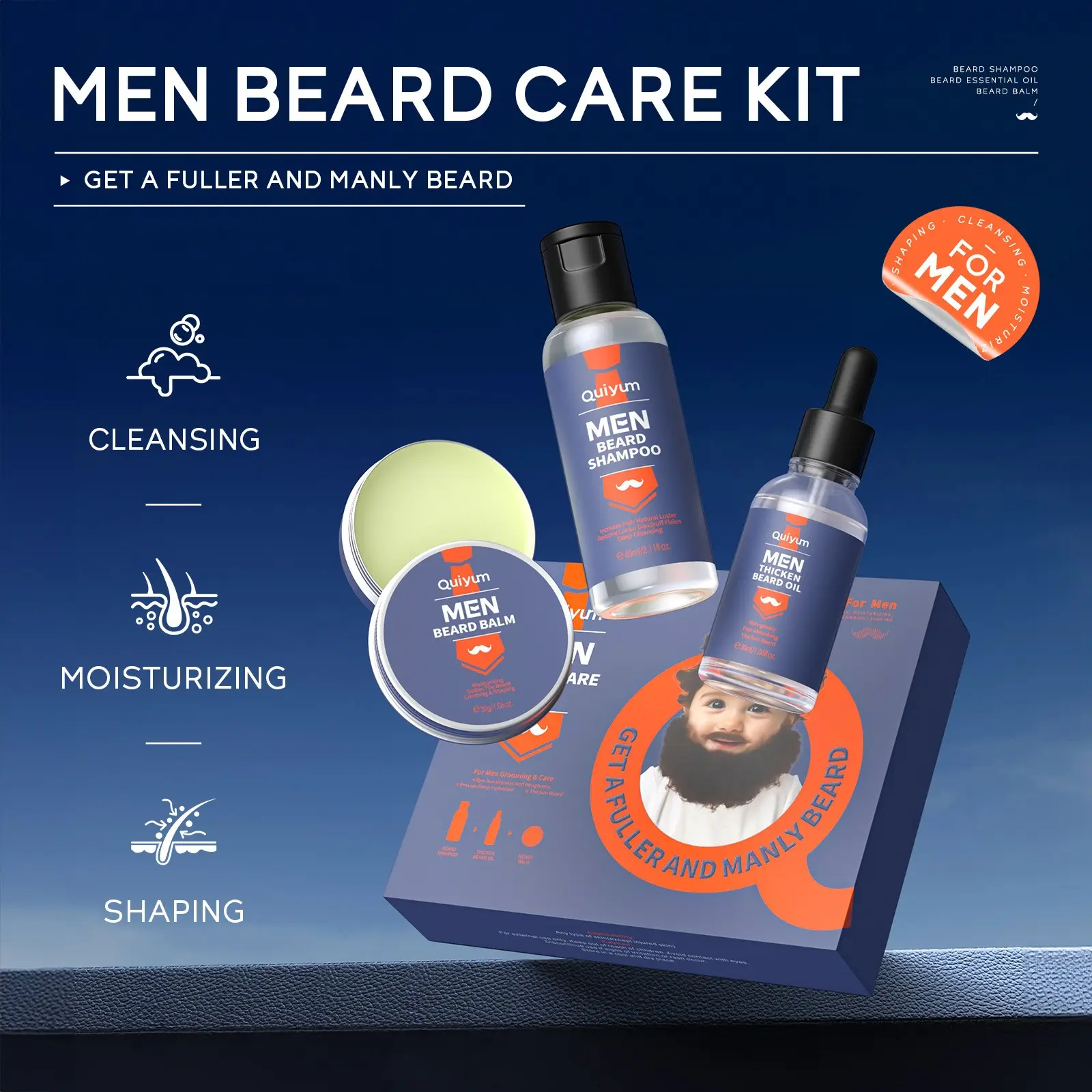 Beard Care Gift Set 3Pcs ， Shampoo + Oil + Balm for Men ， Complete Grooming Kit for Soft Healthy Beard ， Travel Size Natural Formula ， Perfect Gift for Him Husband Boyfriend Dad