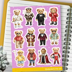 Fashion Teddy Bear Stickers, Stylish Outfit Bear Sticker Sheet for Planners Journaling Scrapbooking, 12 Pcs Water-Resistant Stickers