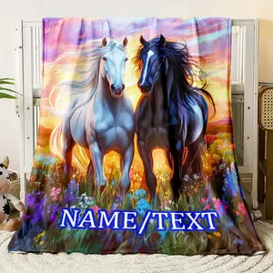 Customized 1 Piece Customized Name Horse Pattern High-Definition Printed Blanket - Lightweight Flannel Blanket, Suitable for Sofa, Bed, Travel, Living Room, Office, Sofa and Bed - Digital Printed Fleece Blanket, Soft and Warm Flannel Fabric, Gift for Fami