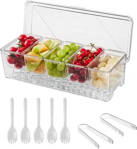 Ice Chilled Condiment Caddy,Stackable Chilled Condiment Containers,Serving Platters with Lid and 5 Removable Compartments,Set of 5 Serving Spoons & 2 Clips (1Pack) beehomay