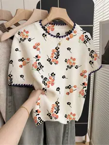 1 piece, French retro loose round-neck elegant short-sleeve contrast piping beige women's contrast floral print spring and summer knitted top, summer top, casual top, knitted top, Knitwear