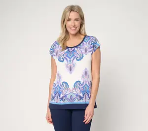Susan Graver Printed Liquid Knit Scoop Neck Cap Sleeve Top