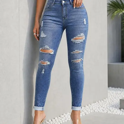Women's High-Waisted Ripped Skinny Jeans with Rolled Hem