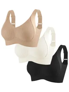 3-Pack Women's Breathable Underwear Lingerie Bras, Wireless Slim-Fit V-Neck Design, All-Season Comfort, Plain Pattern, Medium Support, Womenswear