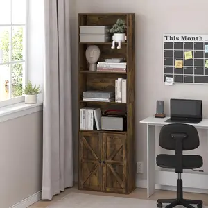 JENSEN Bookcase, 6-Tier Farmhouse Bookshelf, Farmhouse Bookcase with Doors, 9.2 x 21.6 x 71.2, for Living Room Bedroom Home Office, Amber Pine