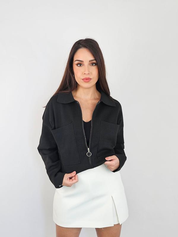 Black Cropped Jacket - Outerwear, Women's Boxy Coat with Zipper, Perfect for Layering
