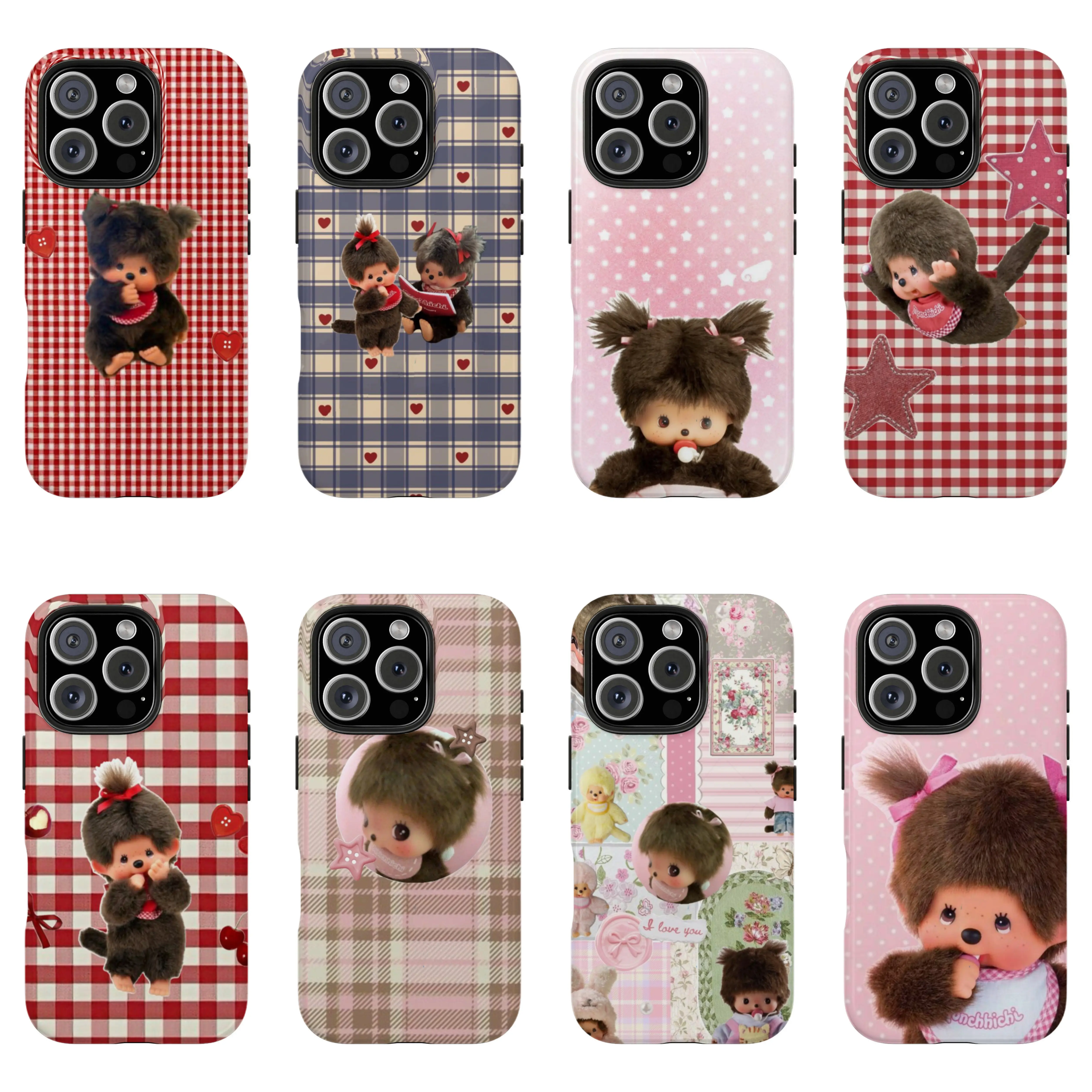 Monchichi Polka Dots Mix Leopard Tough Phone Case, Cutest Design Striped Case Cover Suitable for iPhone 17-11 Pro Max/Plus and Samsung Galaxy S23-25