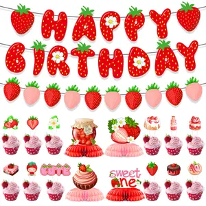 Berry First Birthday Party Decorations Strawberry Theme Banner Hanging Swirls Honeycomb Balls  Complete Set Pink and Red Baby Shower Fruit Party Decor