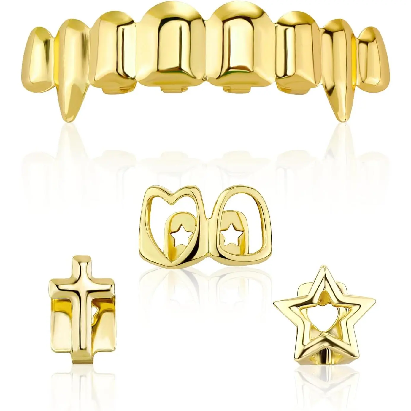 4 Pcs Gold Grills for Teeth, 14K Gold Jewelry Tooth Cap Grillz for Women & Men