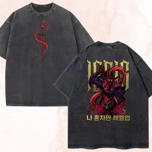 Vintage Solo Leveling Igris Graphic T Shirt Men Washed Black Oversized Anime Tee Retro Dark Knight Streetwear Heavyweight Cotton Casual Loose Fit Short Sleeve Tops For Anime Fans Daily Wear Street Style