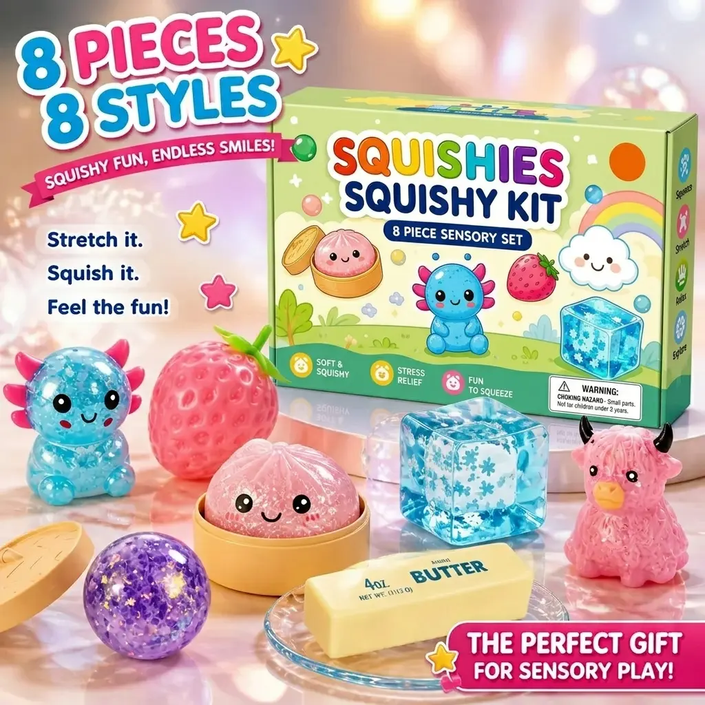 8 Pack Mystery Box Stress Relief Toys Set – Soft Squeezable Pinch Toys for Kids Adults, Fun Sensory Desk Decor & Birthday Gift Set