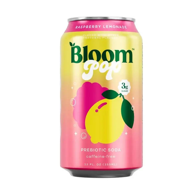 Bloom Pop Prebiotic Soda Raspberry Lemonade 12 fl oz Can Caffeine-Free 3g Sugar