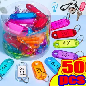 Transparent Colorful Keychains Split Ring Plastic Key Tags Pendant Taggable Number Name Label Keyring Crystal Accommodation Sign