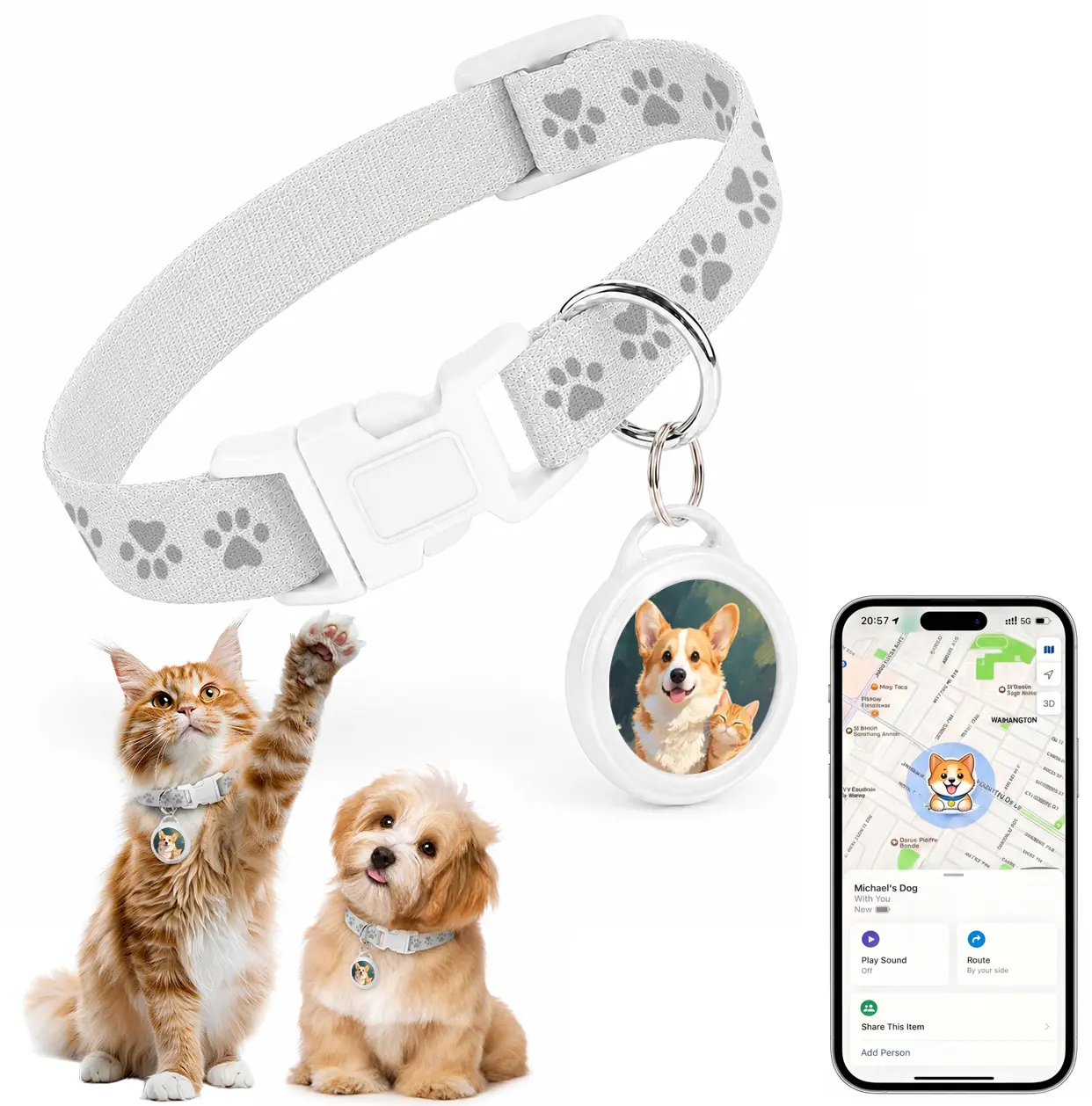 GPS Tracker for Cats and Dogs—Compatible with iOS “Find My” feature, pet tracker with adjustable collar—360-degree reflective strip, no monthly fee/no SIM card required, ultra-slim design, IPX7 waterproof, suitable for small, medium, and large pets