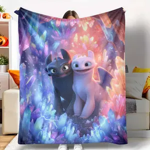 Fantasy Dragon Couple Flannel Blanket， Crystal Cave Colorful Cartoon Print， Soft Warm Cozy Lightweight Plush Throw， Perfect for Bedroom Decor， Sofa， Travel， Birthday Gift， Movie Night， Office Nap Use tiktokshopspringglowup