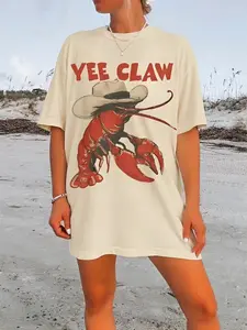 Cowboy Crawfish Vintage T-Shirt, Funny Western Lobster Graphic Tee, Coastal Summer Shirt, Unisex Cotton Top, Beach Vacation Outfit