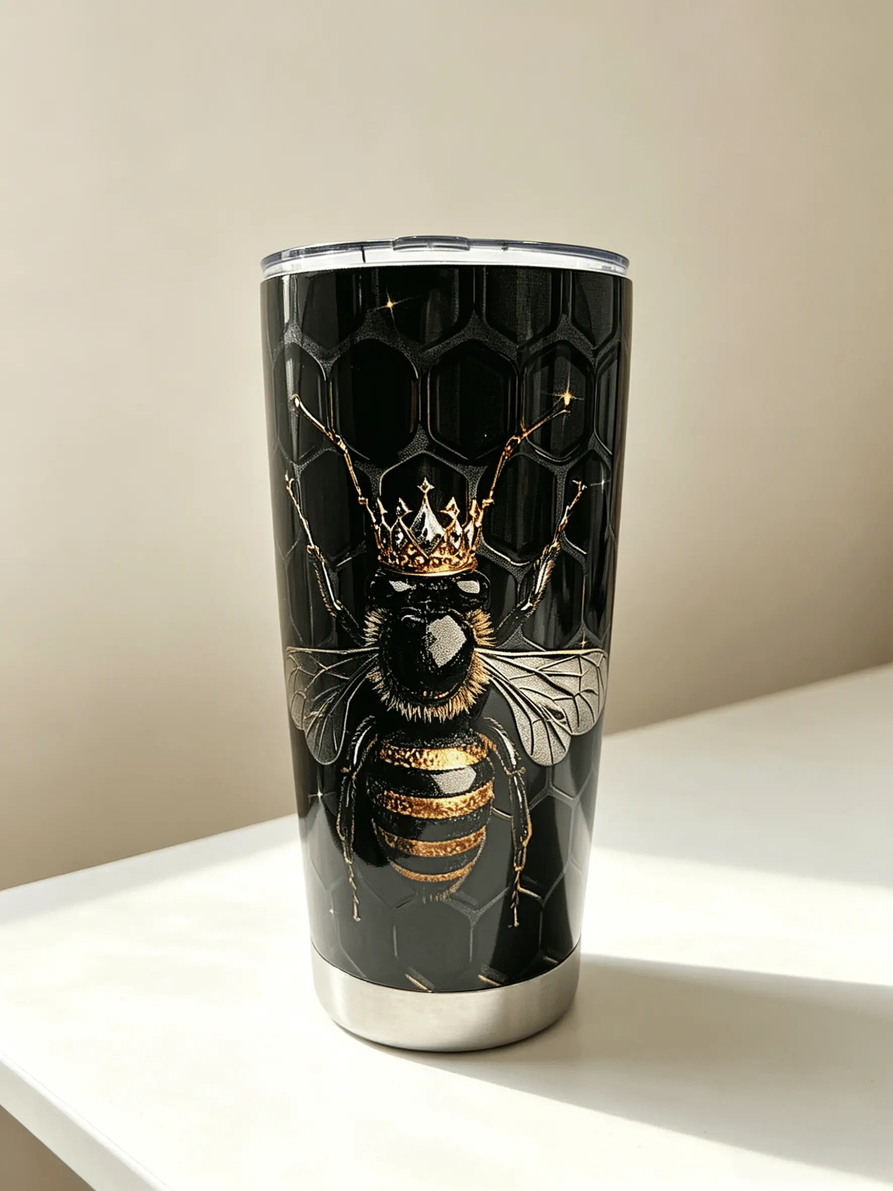 Crystal Queen Bee Crown Tumbler 20oz Stainless Steel Double-Wall Vacuum Insulated Travel Mug BPA-Free Spill-Resistant Lid Blue & Gold Floral Accents for Boss Babes & Bee Lovers